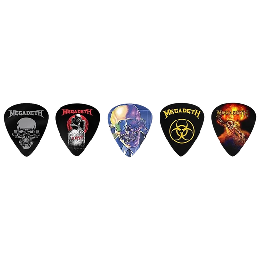 Assorted Megadeth guitar pick set, decorated with various graphics