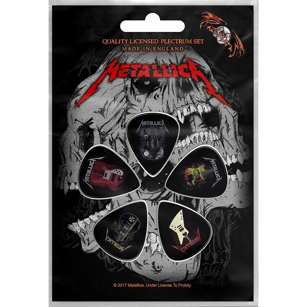 Set officiel de médiators Metallica Guitares présenté sur carte blister 