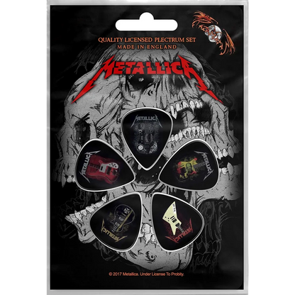 Set officiel de médiators Metallica Guitares présenté sur carte blister 