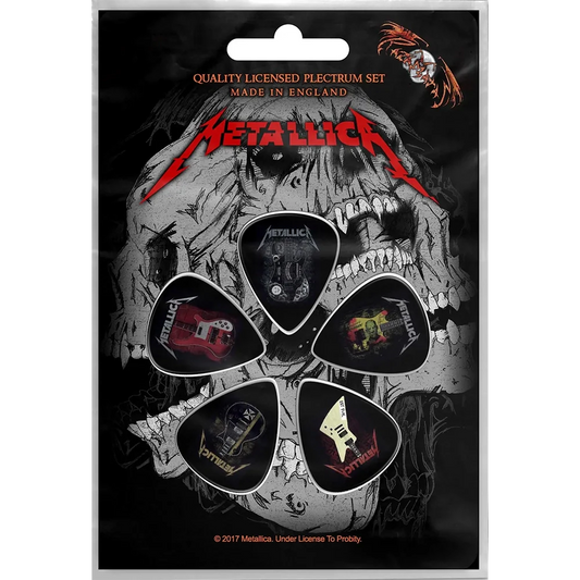 Set officiel de médiators Metallica Guitares présenté sur carte blister 