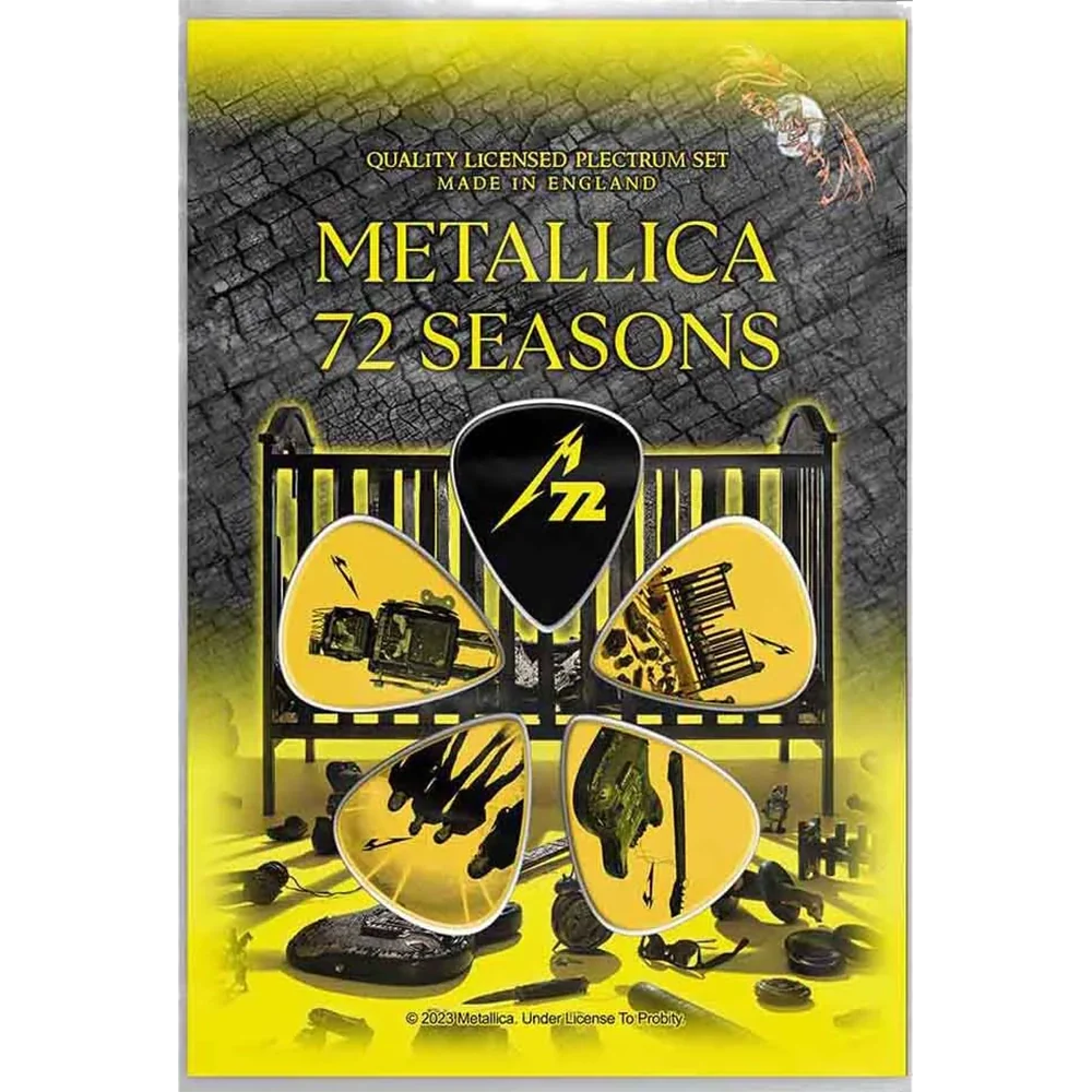 Set officiel de médiators Metallica 72 Seasons présenté sur carte blister 