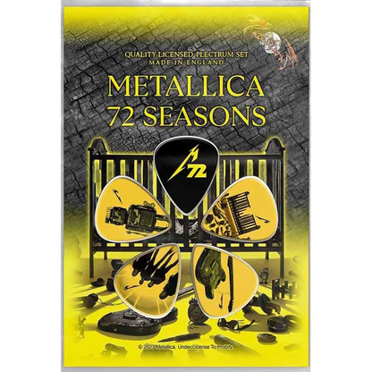 Set officiel de médiators Metallica 72 Seasons présenté sur carte blister 