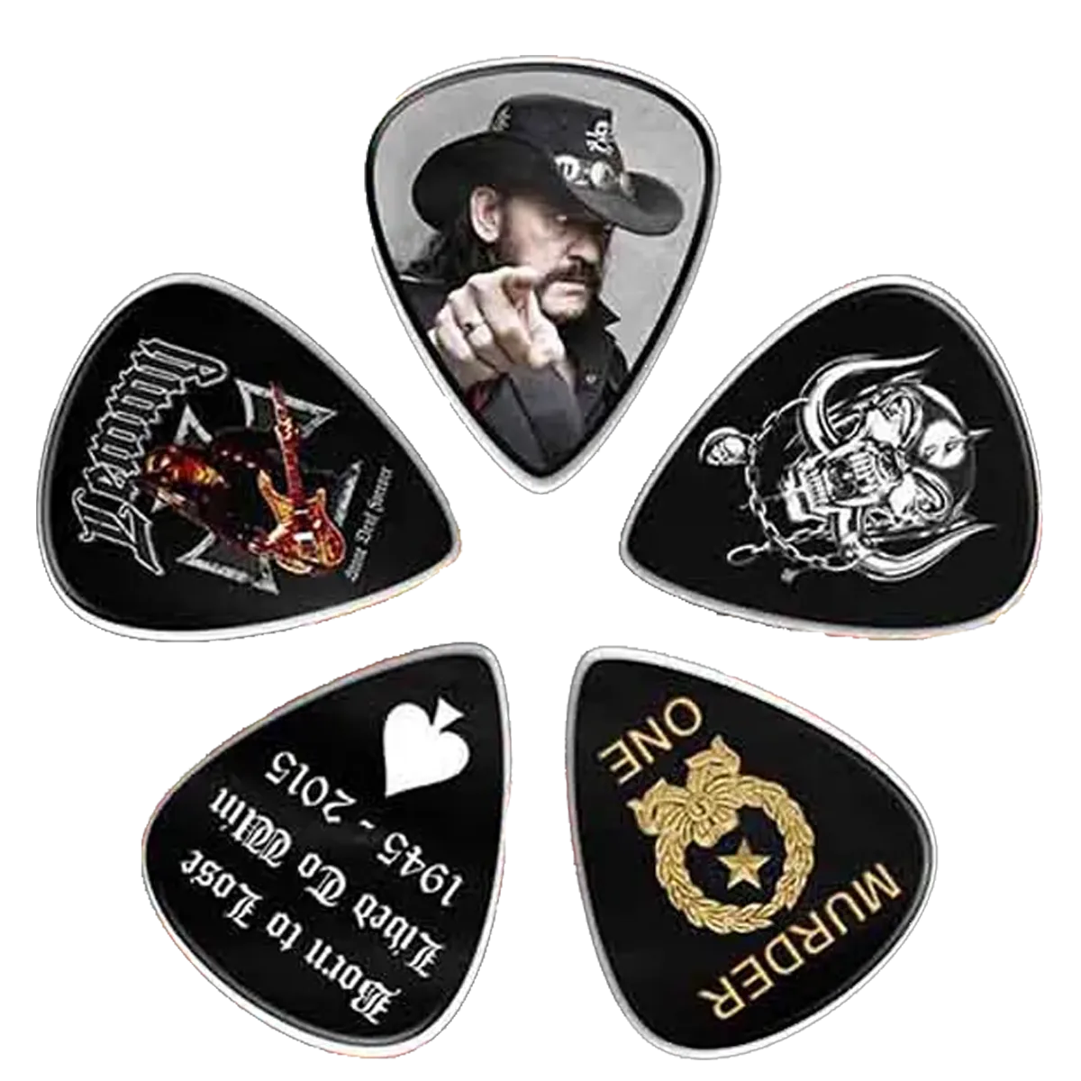 Ensemble de médiators Motorhead assortis, décorés de visuels en hommage à Lemmy