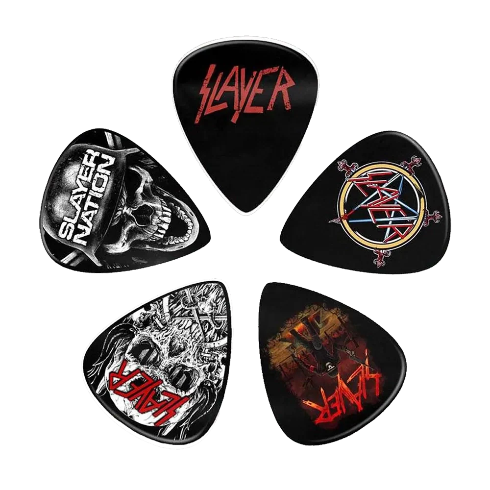 Assorted Slayer guitar pick set, decorated with various graphics