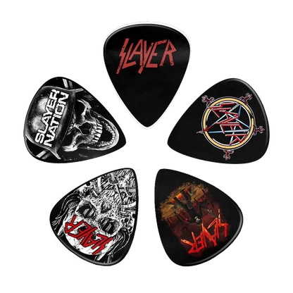 Assorted Slayer guitar pick set, decorated with various graphics
