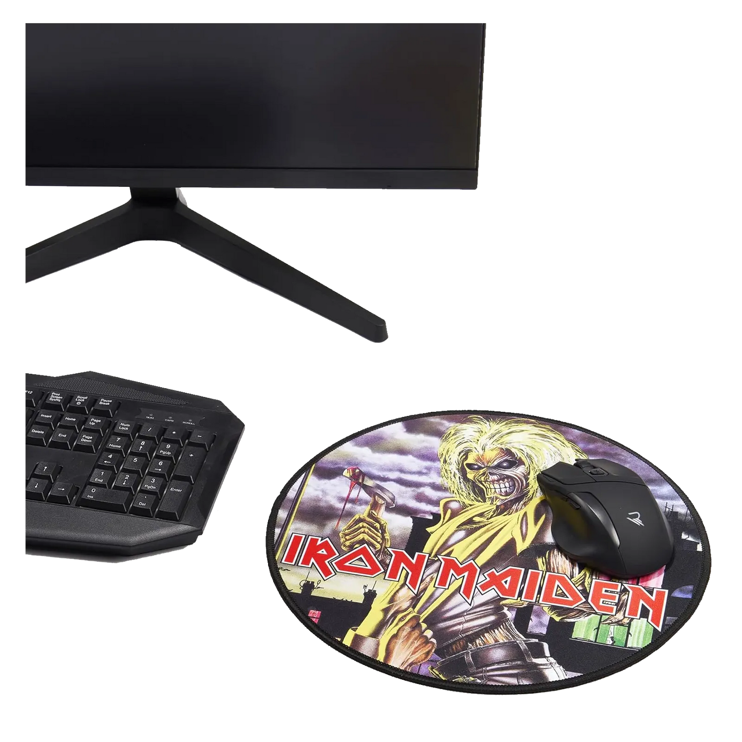 Tapis de souris Iron Maiden Killers sur bureau gamer avec clavier et écran