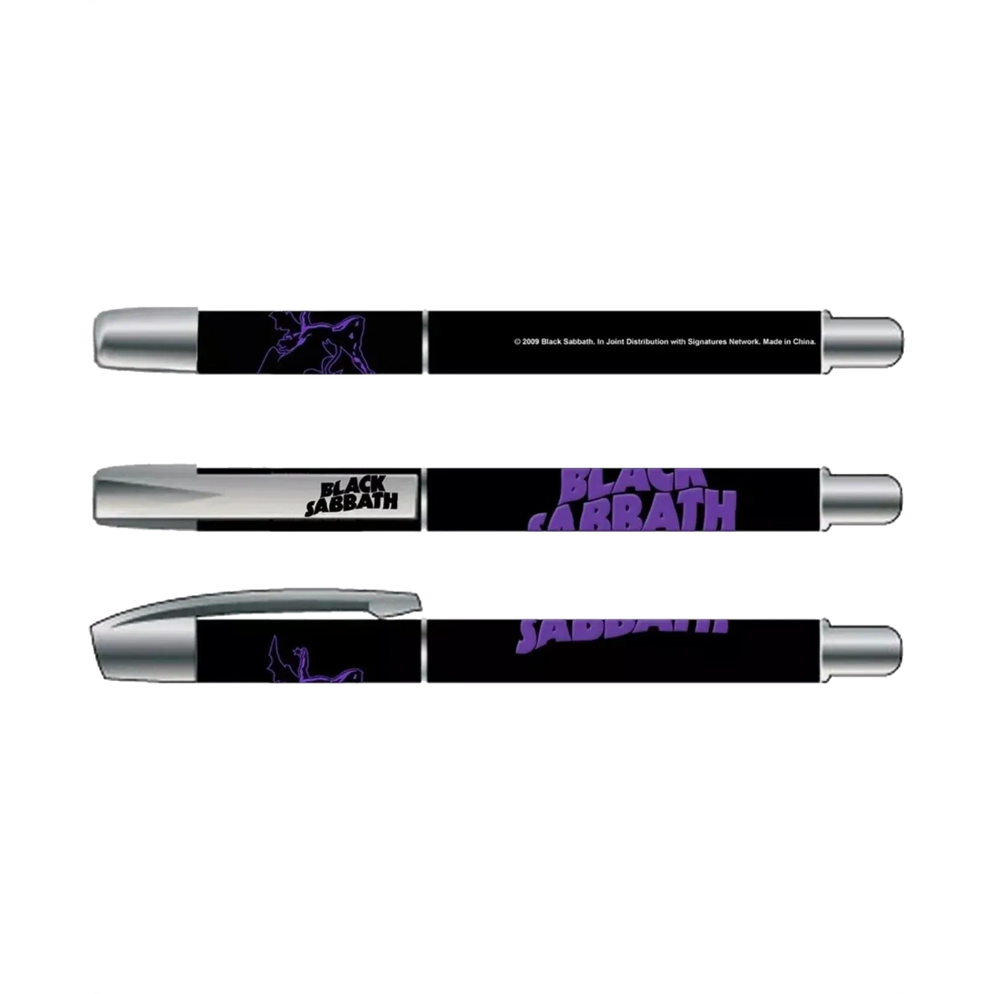 Stylo Black Sabbath noir et violet avec logo officiel – vue multiple