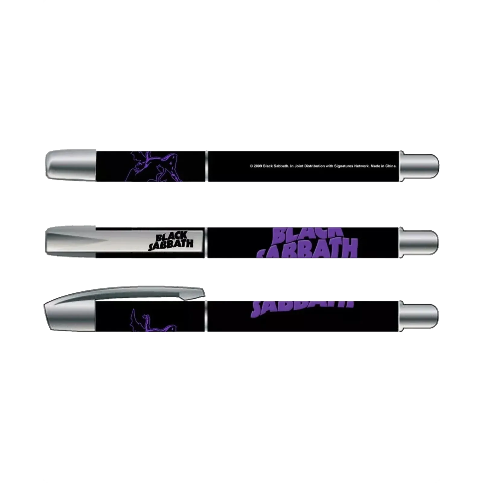 Stylo Black Sabbath noir et violet avec logo officiel – vue multiple