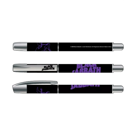 Stylo Black Sabbath noir et violet avec logo officiel – vue multiple