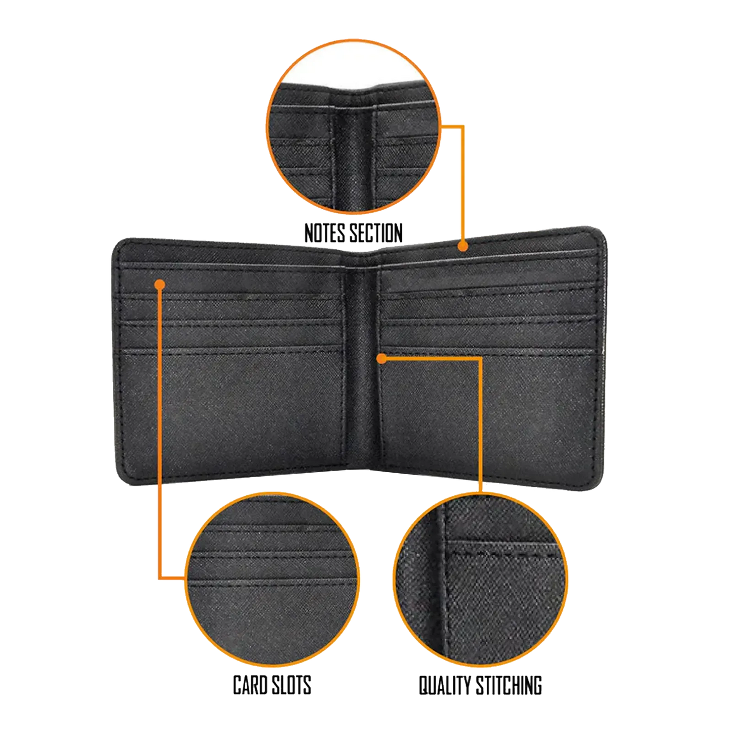 Portefeuille AC/DC Rocksax ouvert avec zoom sur coutures et rangements