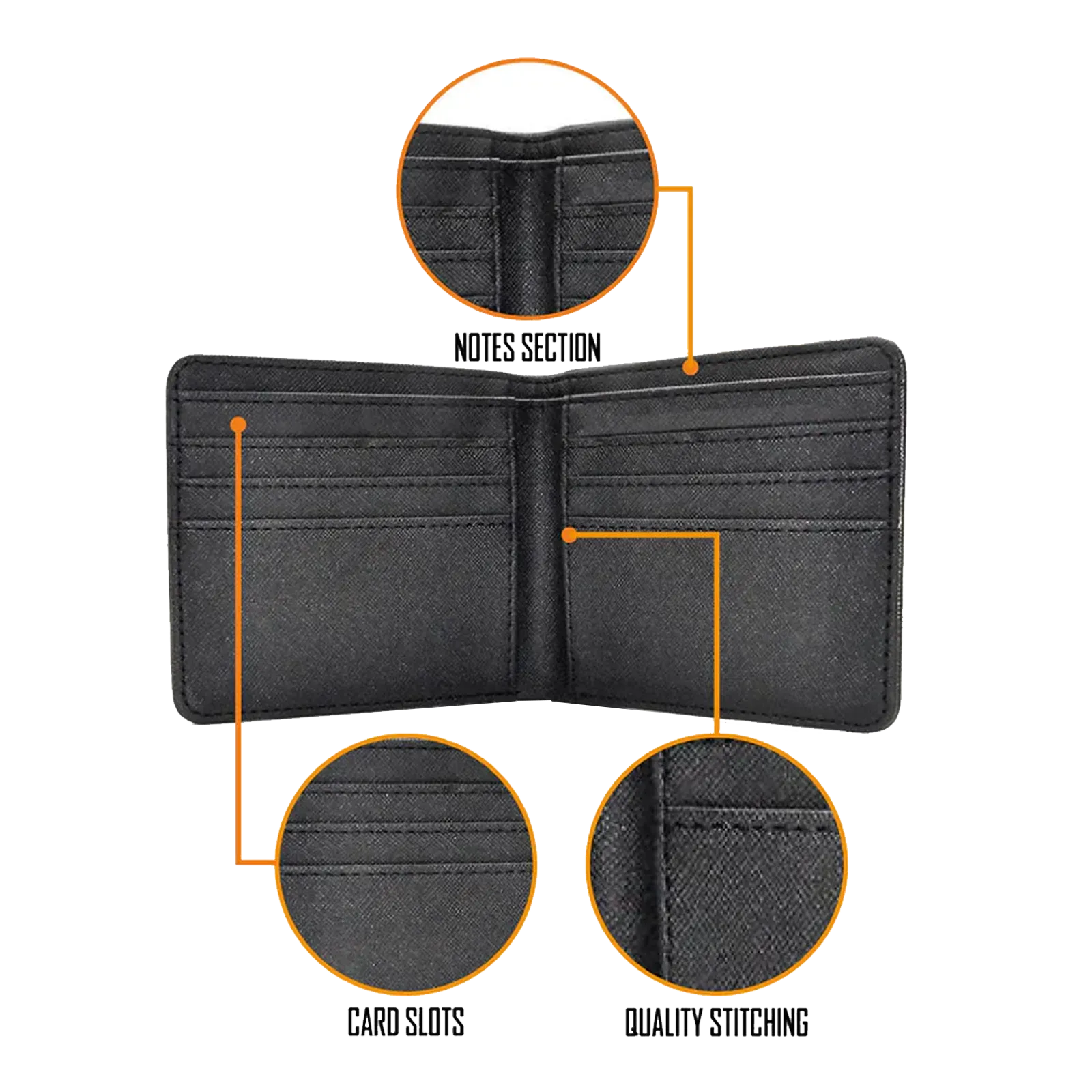 Portefeuille AC/DC Rocksax ouvert avec zoom sur coutures et rangements