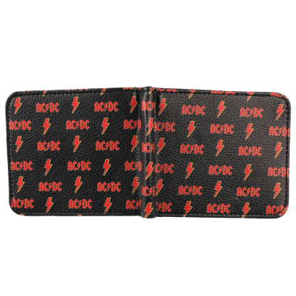 Portefeuille AC/DC noir avec logo et éclairs rouges et jaunes ouvert - vue extérieure