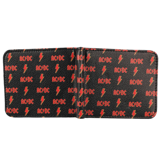 Portefeuille AC/DC noir avec logo et éclairs rouges et jaunes ouvert - vue extérieure