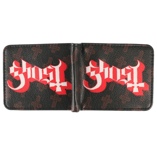 Portefeuille Ghost logo rouge avec crucifix ouvert - vue extérieure