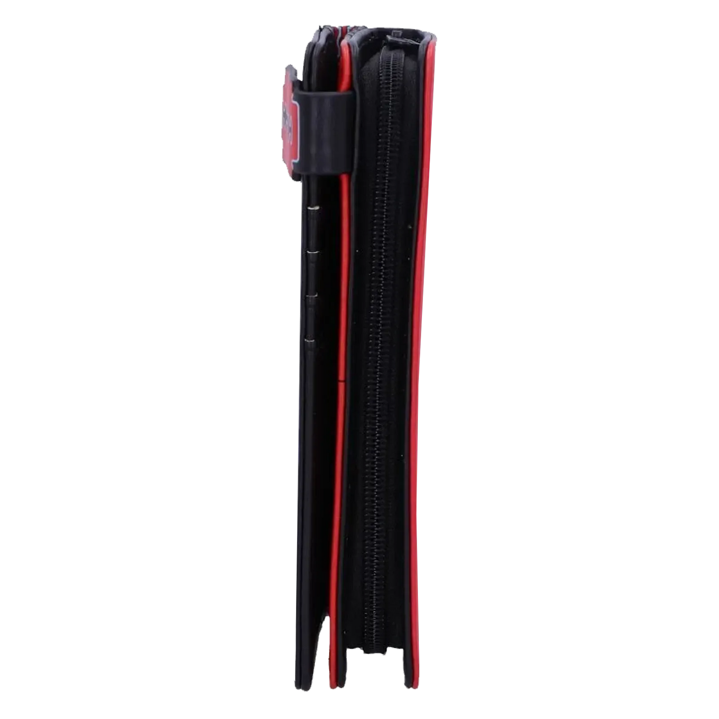 Vue de côté du portefeuille Judas Priest British Steel noir et rouge