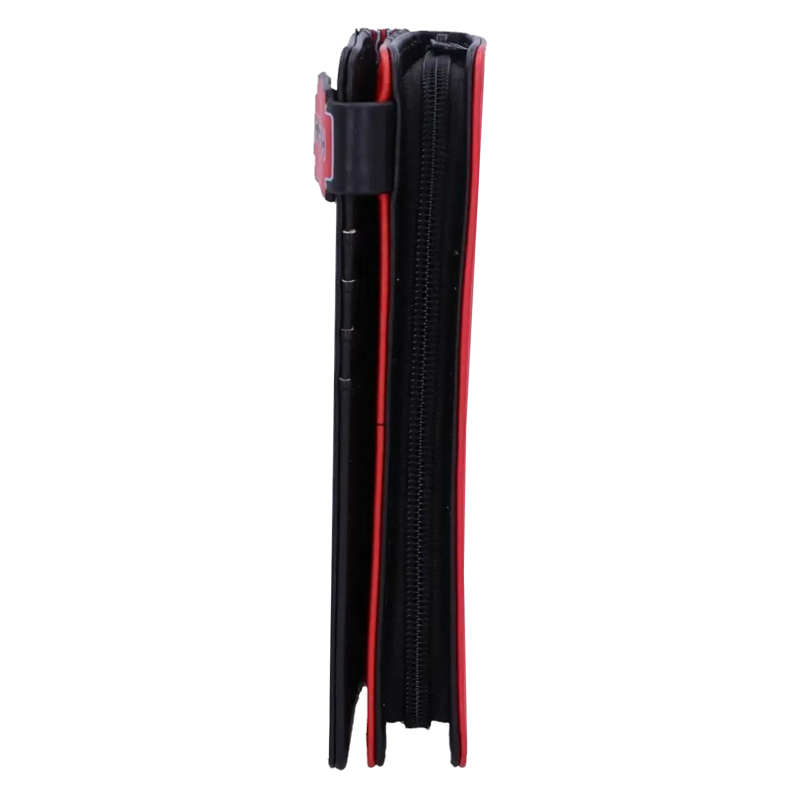 Vue de côté du portefeuille Judas Priest British Steel noir et rouge