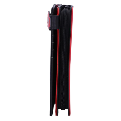 Vue de côté du portefeuille Judas Priest British Steel noir et rouge
