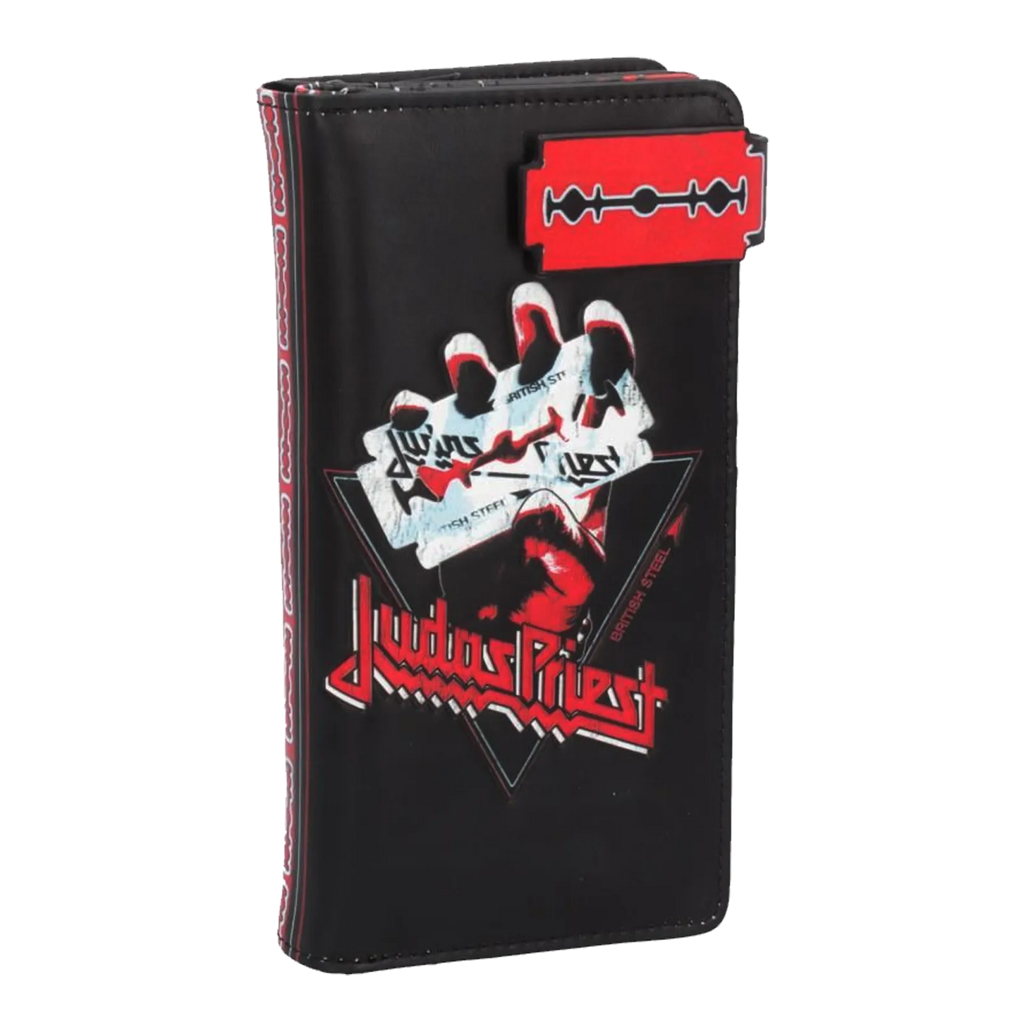 Vue trois-quarts du portefeuille Judas Priest British Steel avec rabat rouge lame de rasoir