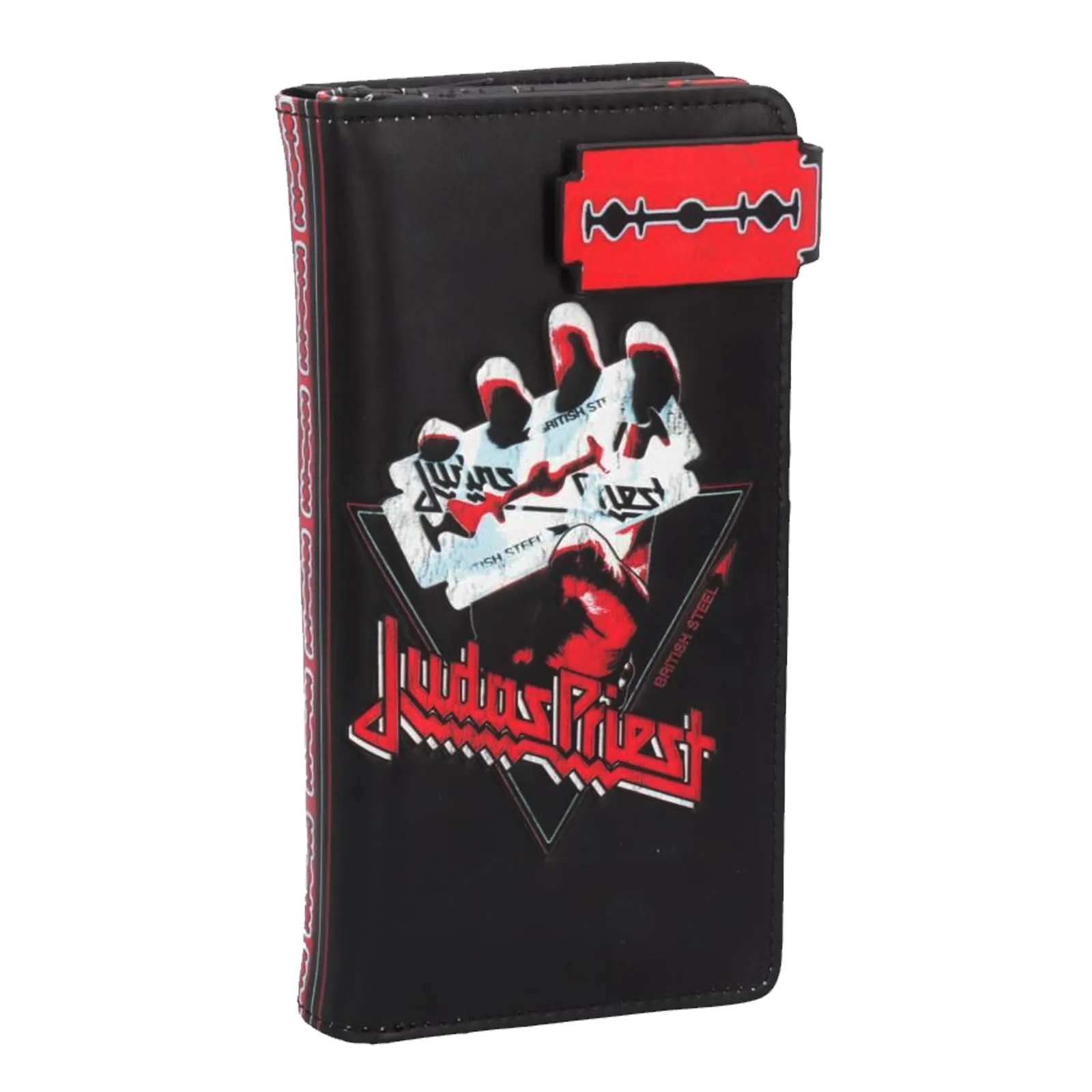 Vue trois-quarts du portefeuille Judas Priest British Steel avec rabat rouge lame de rasoir