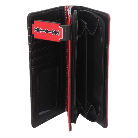 Intérieur du porte-monnaie Judas Priest British Steel avec compartiments cartes et poche zippée