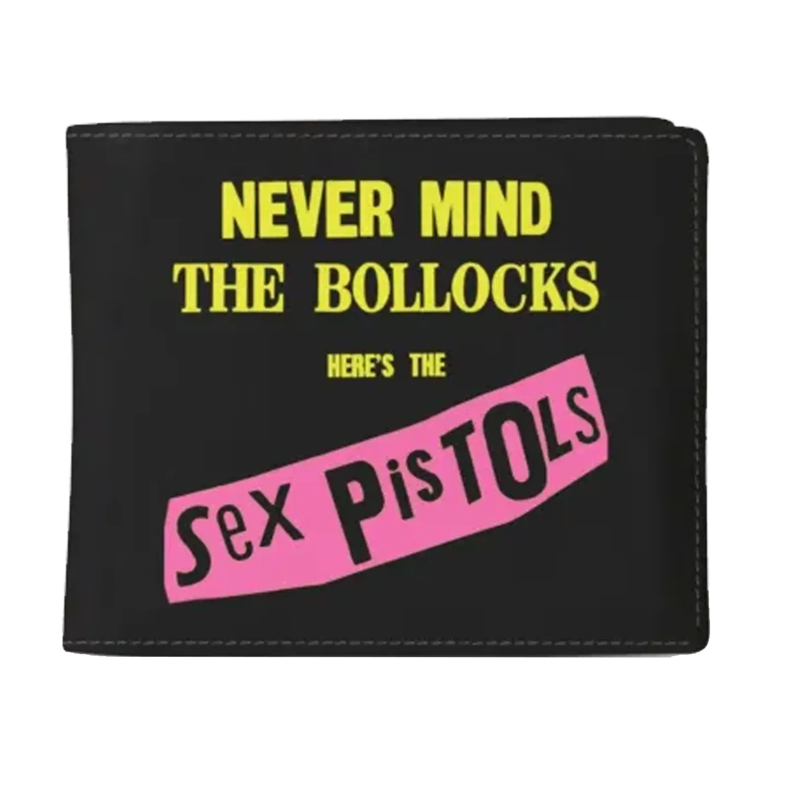 Portefeuille noir Sex Pistols avec visuel Never Mind the Bollocks en jaune et rose