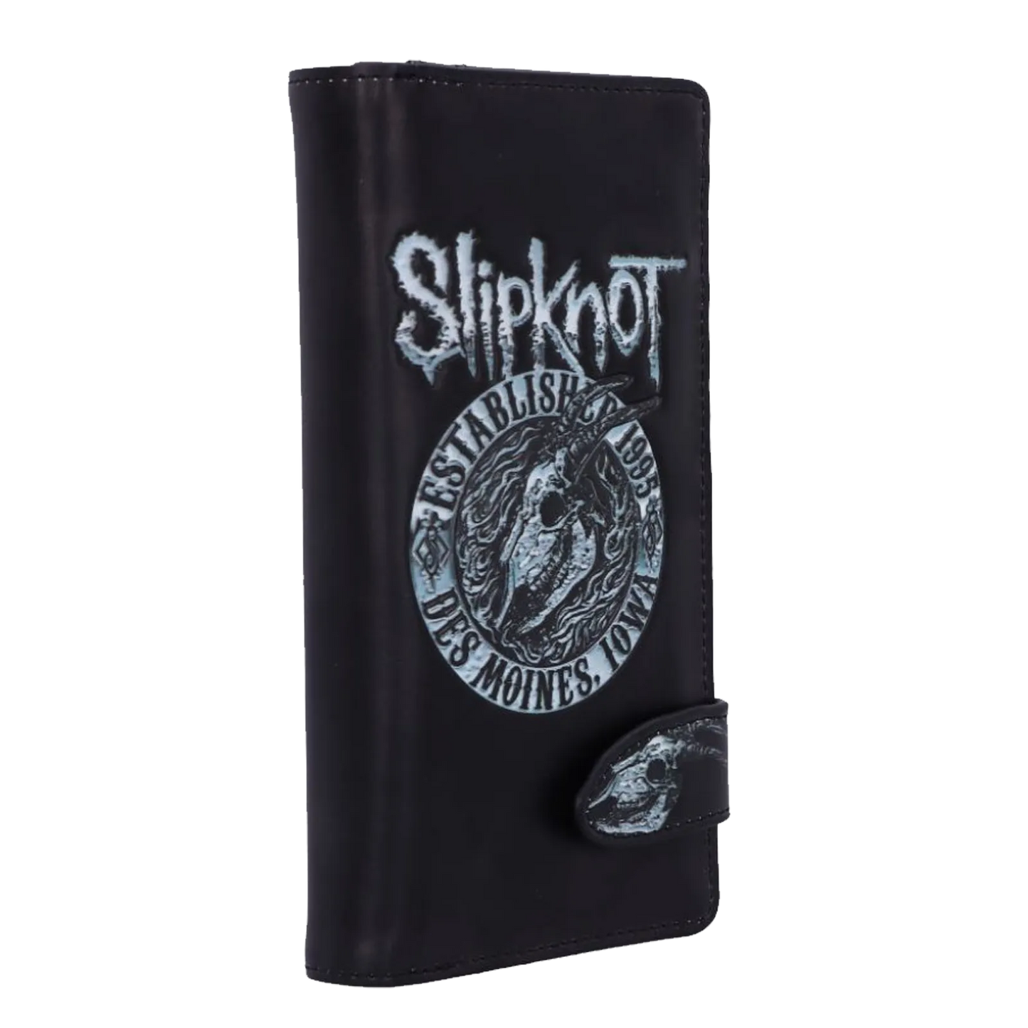 Porte-monnaie Slipknot incliné montrant le logo et l’emblème crâne.
