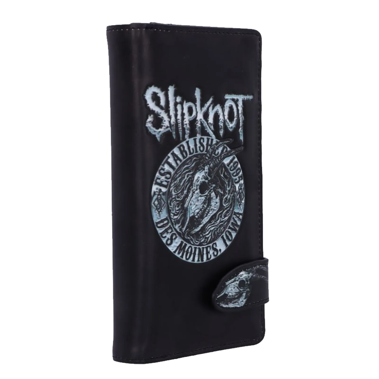 Porte-monnaie Slipknot incliné montrant le logo et l’emblème crâne.