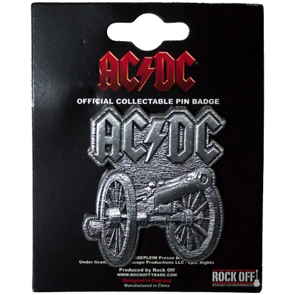 Pin's officiel AC/DC - For Those about to Rock présenté sur carte Rock Off - badge argenté sous licence 2024