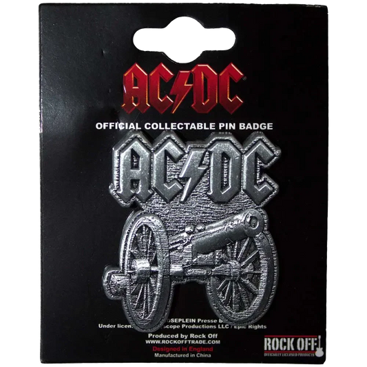 Pin's officiel AC/DC - For Those about to Rock présenté sur carte Rock Off - badge argenté sous licence 2024