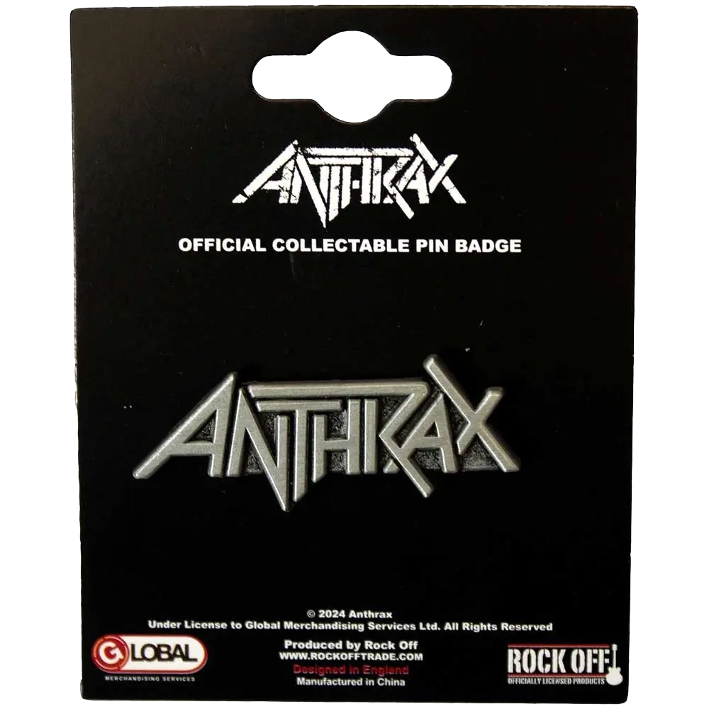 Pin officiel Anthrax présenté sur carte Rock Off - badge argenté sous licence 2024
