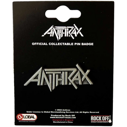 Pin officiel Anthrax présenté sur carte Rock Off - badge argenté sous licence 2024