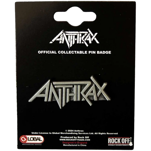 Pin's officiel Anthrax présenté sur carte Rock Off - badge argenté sous licence 2024