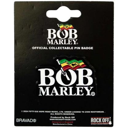 Pin's officiel Bob Marley présenté sur carte Rock Off - badge blanc et vert jaune rouge sous licence 2024