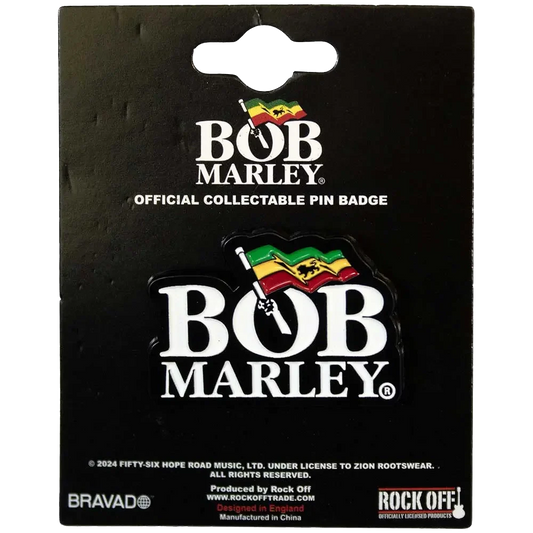 Pin's officiel Bob Marley présenté sur carte Rock Off - badge blanc et vert jaune rouge sous licence 2024