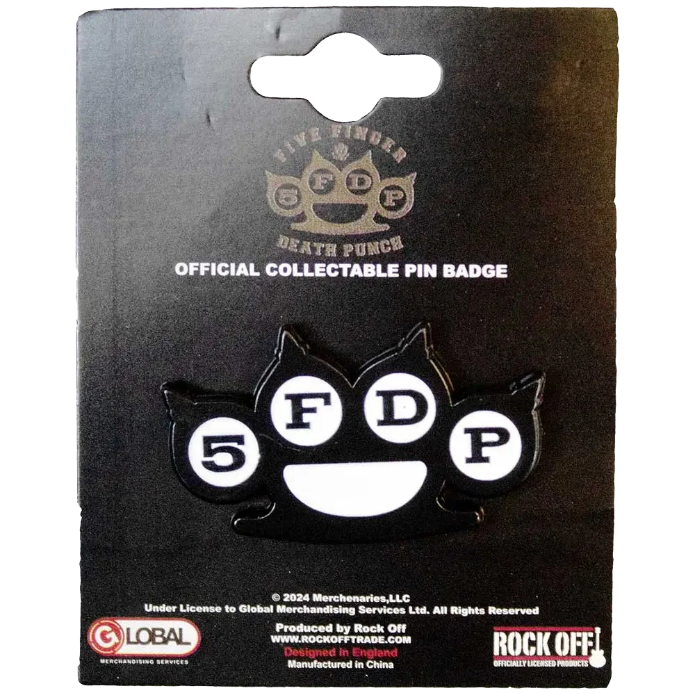 Pin's officiel Five Finger Death Punch présenté sur carte Rock Off - badge blanc et noir sous licence 2024