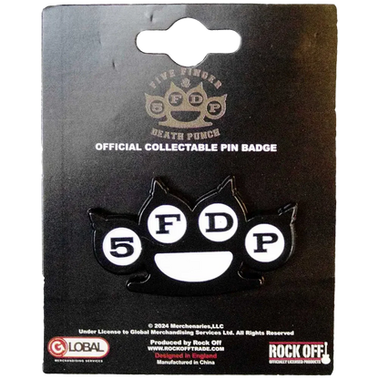 Pin's officiel Five Finger Death Punch présenté sur carte Rock Off - badge blanc et noir sous licence 2024