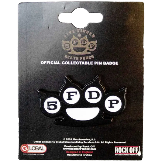 Pin's officiel Five Finger Death Punch présenté sur carte Rock Off - badge blanc et noir sous licence 2024