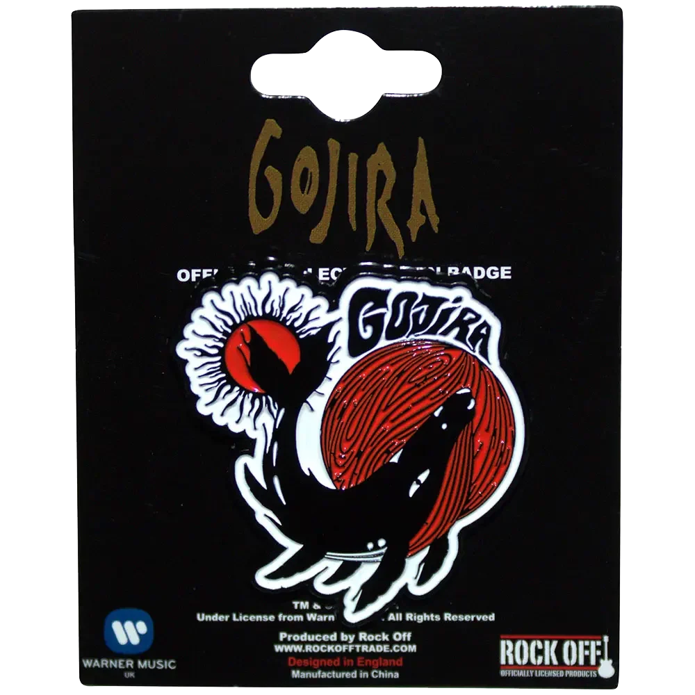 Pin Gojira - From Mars to Sirius présenté sur carte Rock Off - badge rouge et blanc sous licence 2024