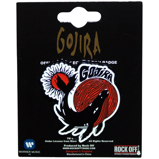 Pin Gojira - From Mars to Sirius présenté sur carte Rock Off - badge rouge et blanc sous licence 2024