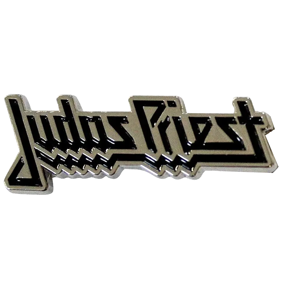 Pin's logo Judas Priest argenté et noir - badge métallique officiel Rock Off