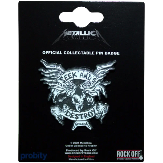 Pin Metallica - Seek and Destroy présenté sur carte Rock Off - badge rouge et noir sous licence 2024