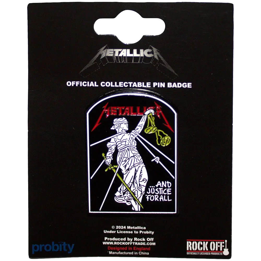 Pin Metallica - ...And Justice for All présenté sur carte Rock Off - badge rouge et noir sous licence 2024