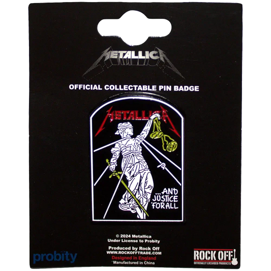 Pin Metallica - ...And Justice for All présenté sur carte Rock Off - badge rouge et noir sous licence 2024