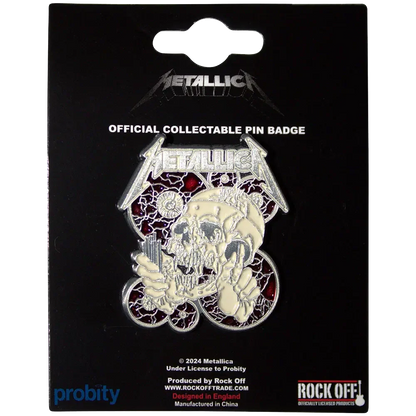 Pin Metallica - The Shortest Straw présenté sur carte Rock Off - badge rouge et noir sous licence 2024
