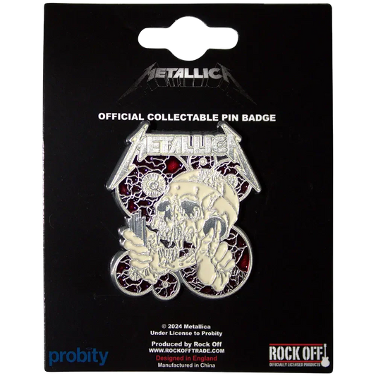 Pin Metallica - The Shortest Straw présenté sur carte Rock Off - badge rouge et noir sous licence 2024