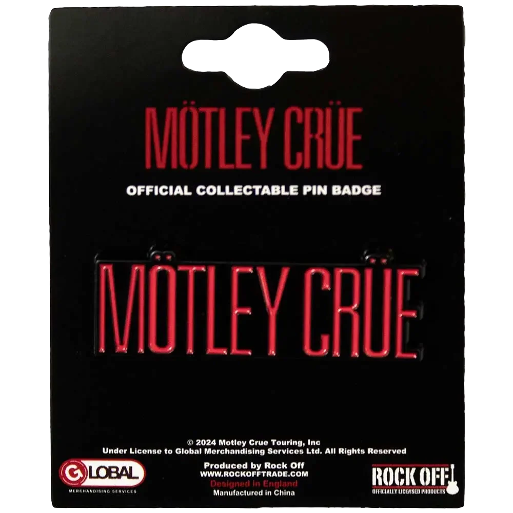 Pin's officiel Mötley Crüe présenté sur carte Rock Off - badge rouge et noir sous licence 2024