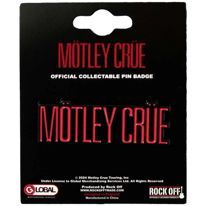 Pin's officiel Mötley Crüe présenté sur carte Rock Off - badge rouge et noir sous licence 2024