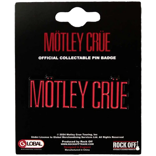 Pin's officiel Mötley Crüe présenté sur carte Rock Off - badge rouge et noir sous licence 2024