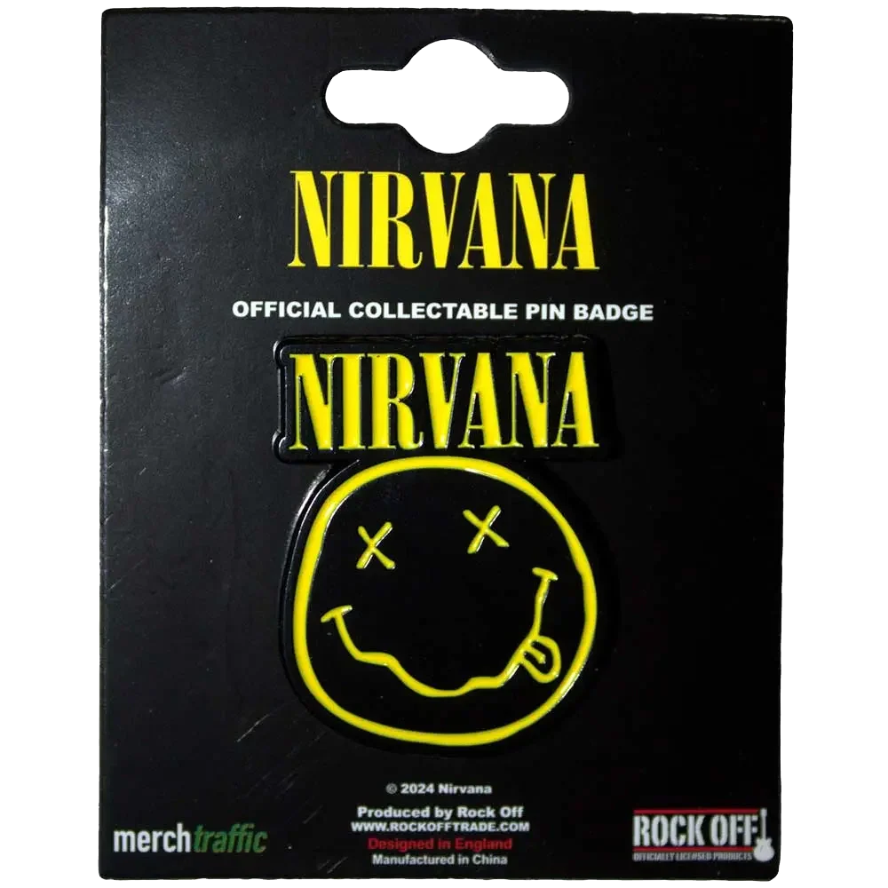 Pin's officiel Nirvana - Smiley présenté sur carte Rock Off - badge jaune et noir sous licence 2024