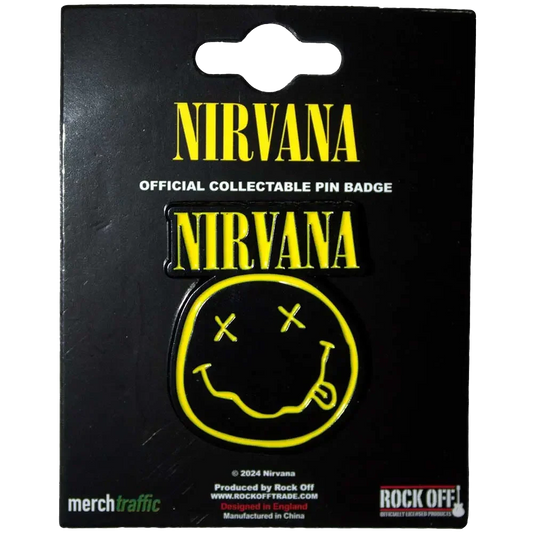 Pin officiel Nirvana - Smiley présenté sur carte Rock Off - badge jaune et noir sous licence 2024